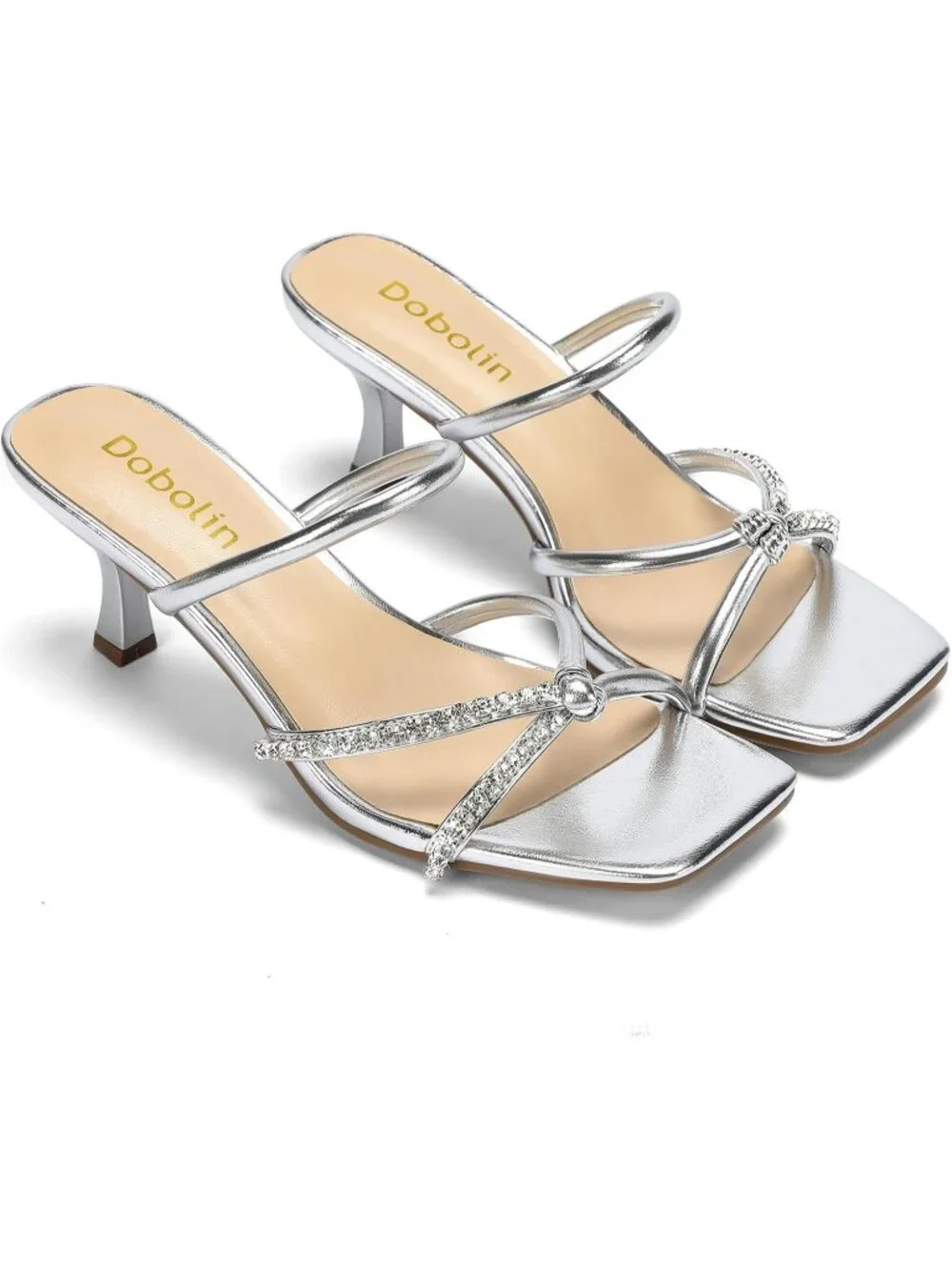 Women's Silver Summer Comfortable Open Toe Strappy Slides Kitten Heeled Sandals